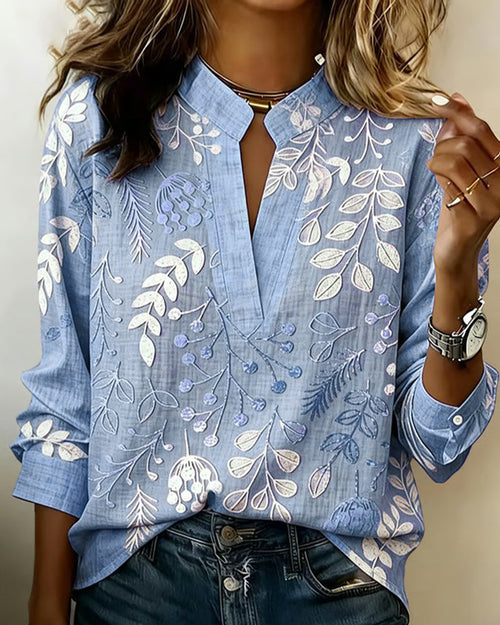 Floral V-neck blouse in blue