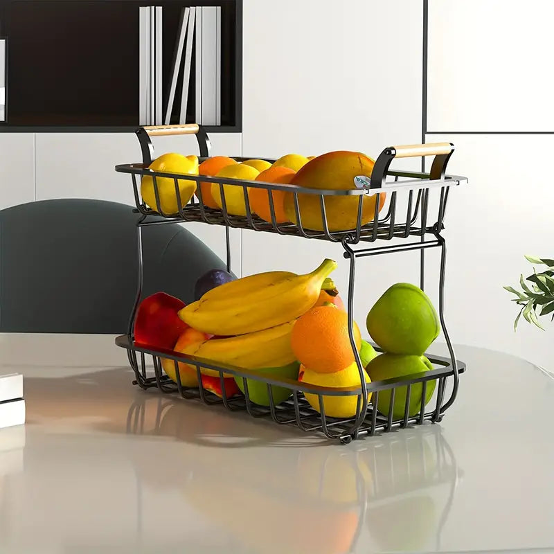 Two-Tier Metal Fruit Basket with Wood Handles