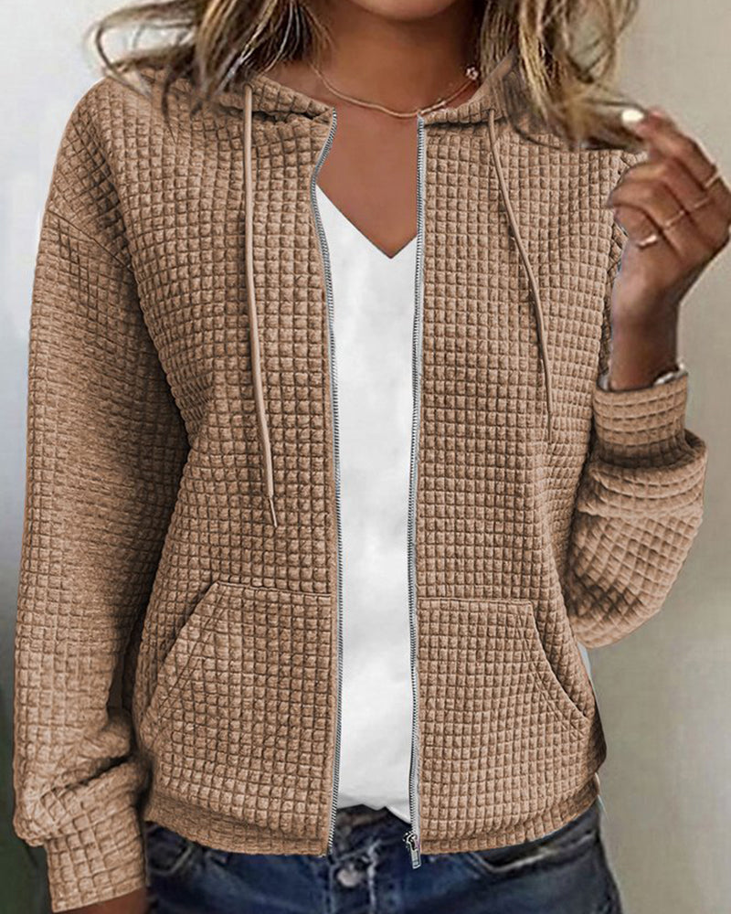 Textured zip-up hoodie in khaki