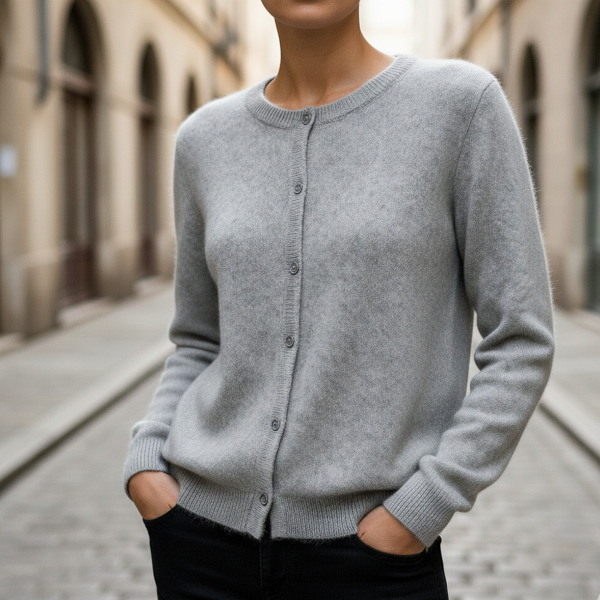 Round neck ribbed cardigan in gray