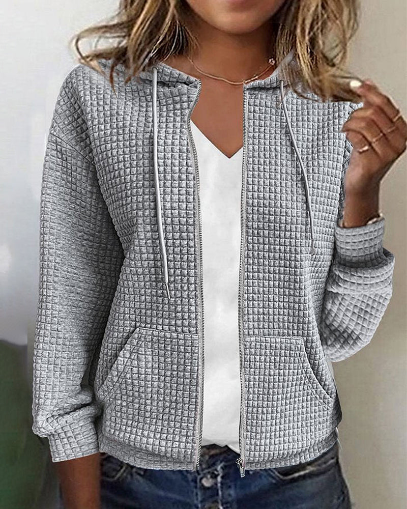 Textured zip-up hoodie in gray, front view