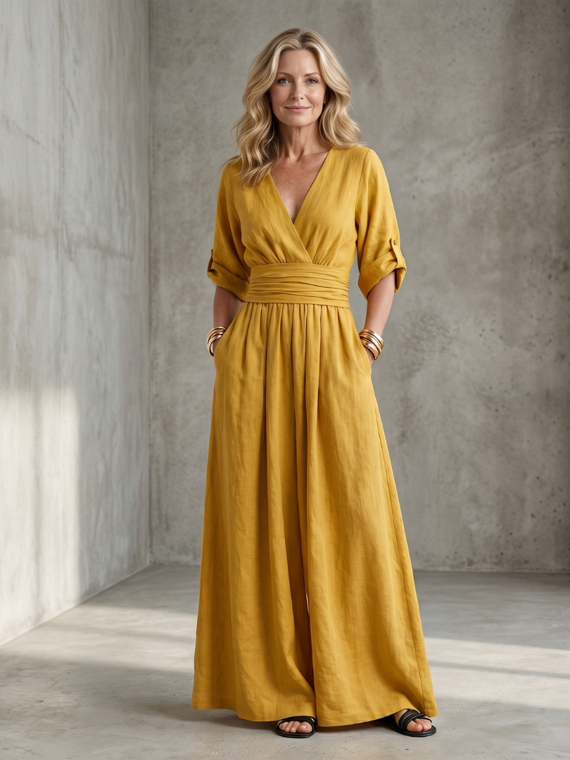 Cross-front wide-leg jumpsuit in yellow, front view