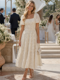 Square neck tiered midi dress in beige, front view