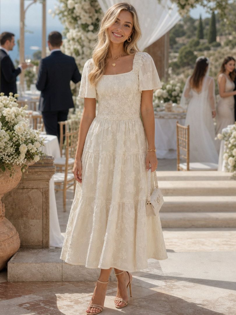 Square neck tiered midi dress in beige, front view
