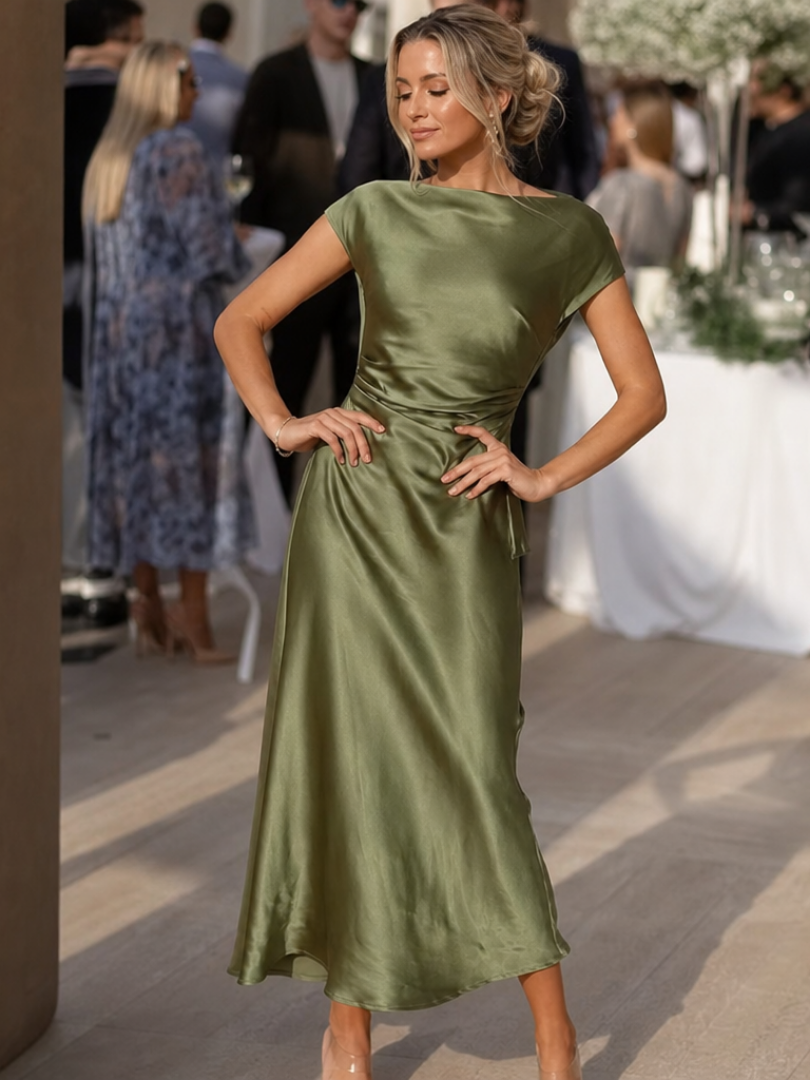 Boat neck fitted midi dress in green, front view