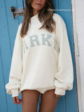 Varsity chenille sweatshirt, white with sage letters