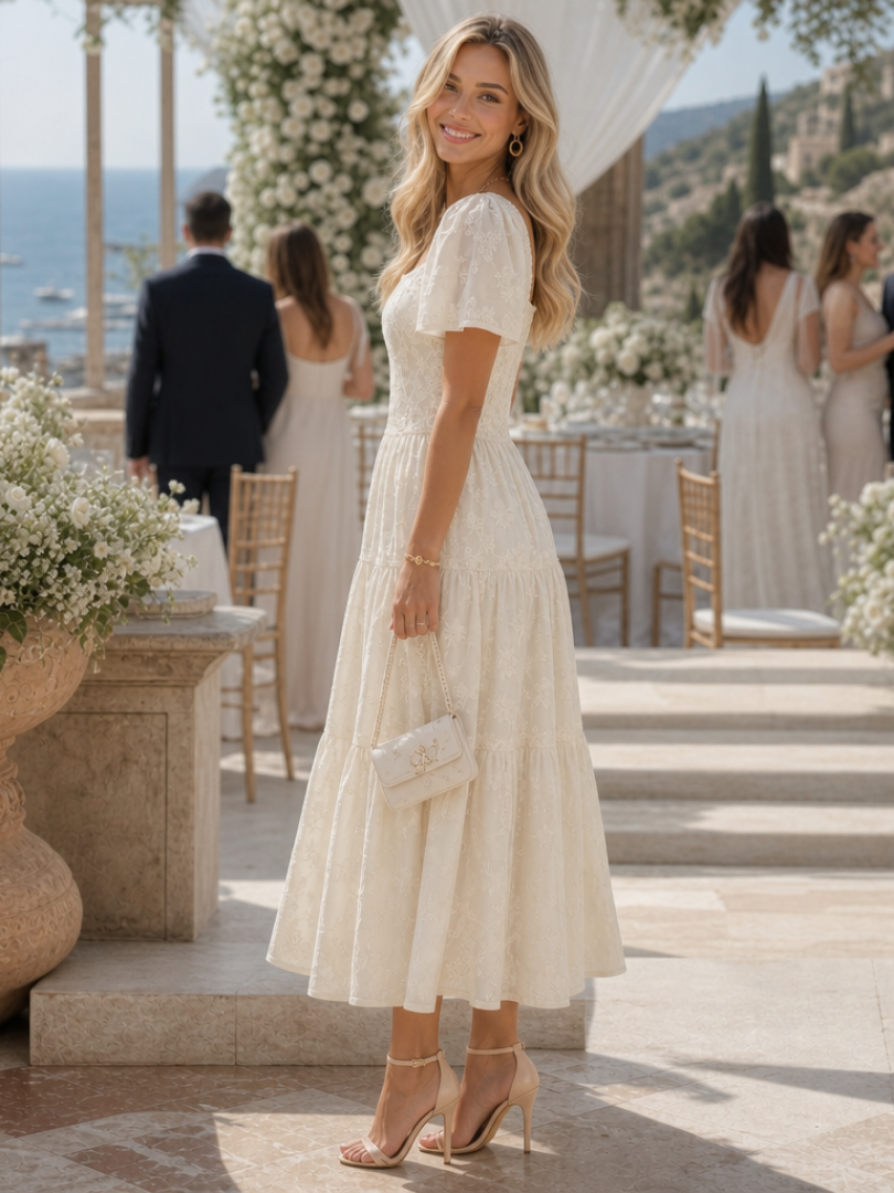 Square neck tiered midi dress, detail view