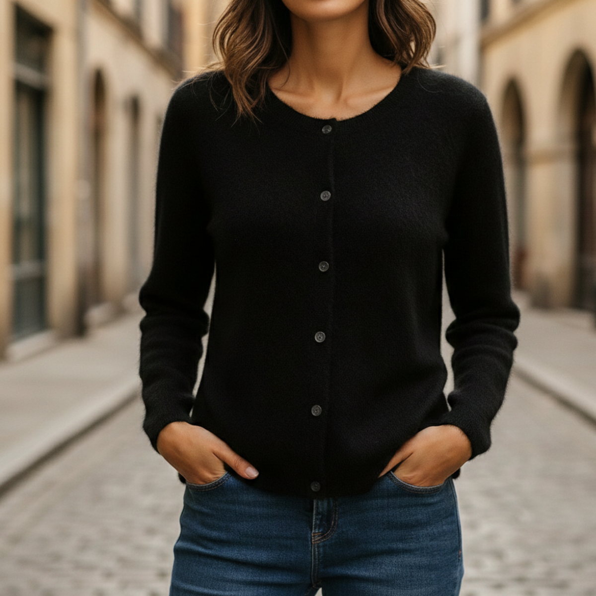 Round neck ribbed cardigan in black