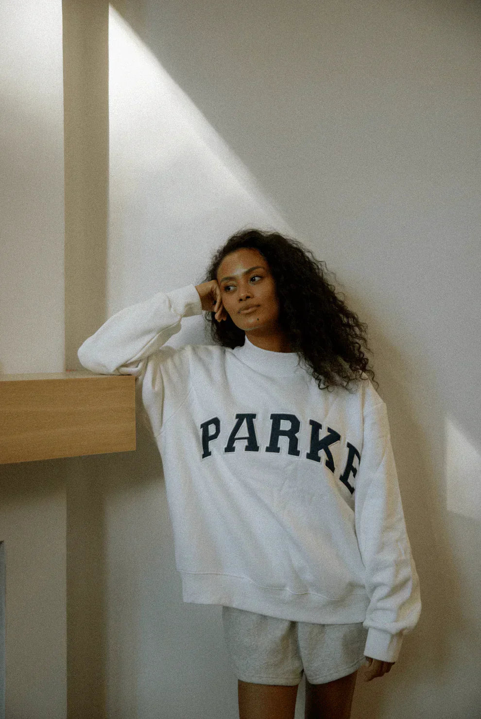 Varsity chenille sweatshirt, white with navy letters