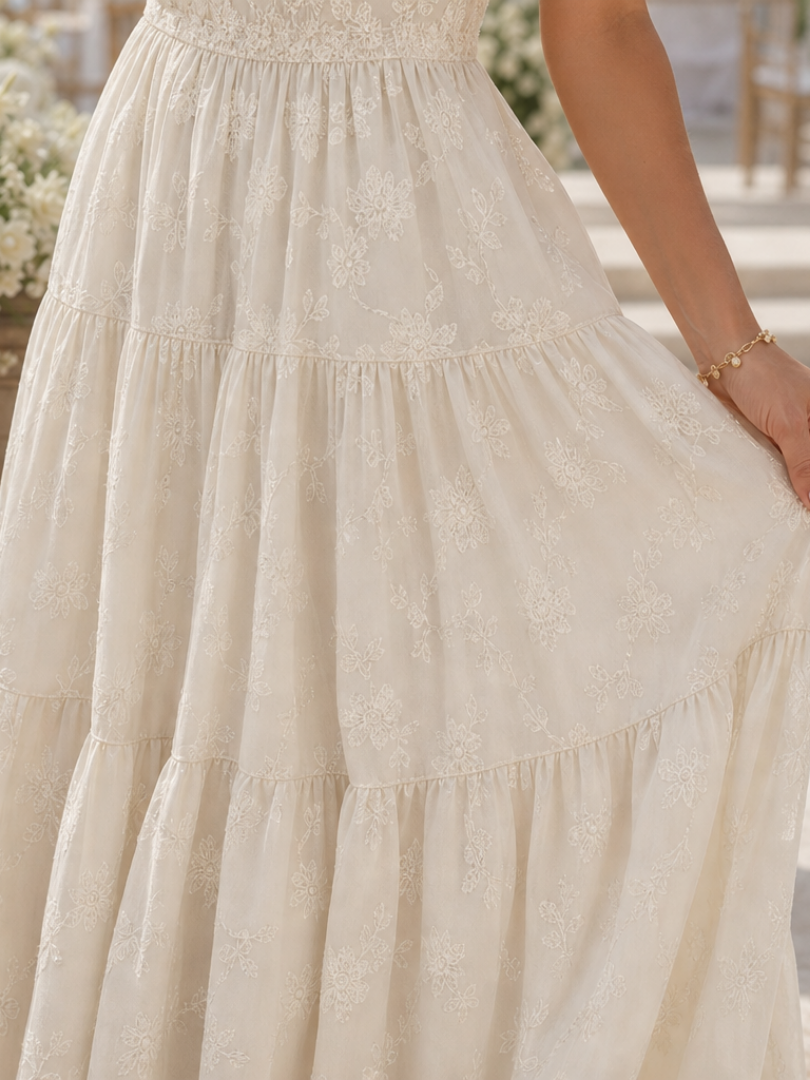 Square neck tiered midi dress, back view