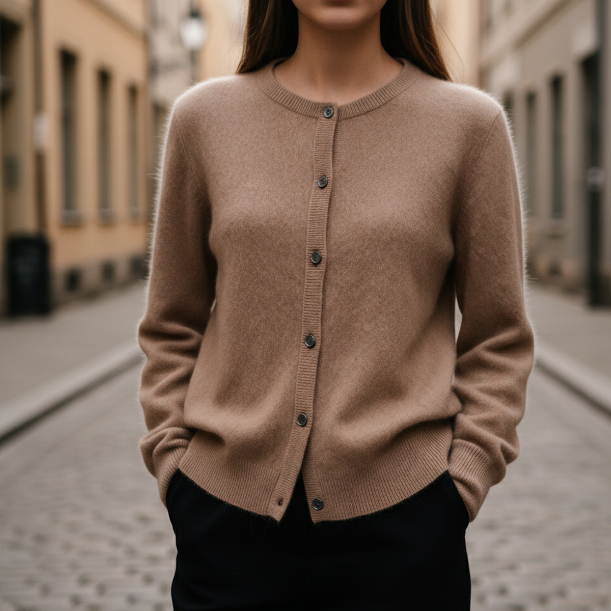 Round neck ribbed cardigan in brown