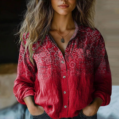 Collared button-front blouse in red, front view