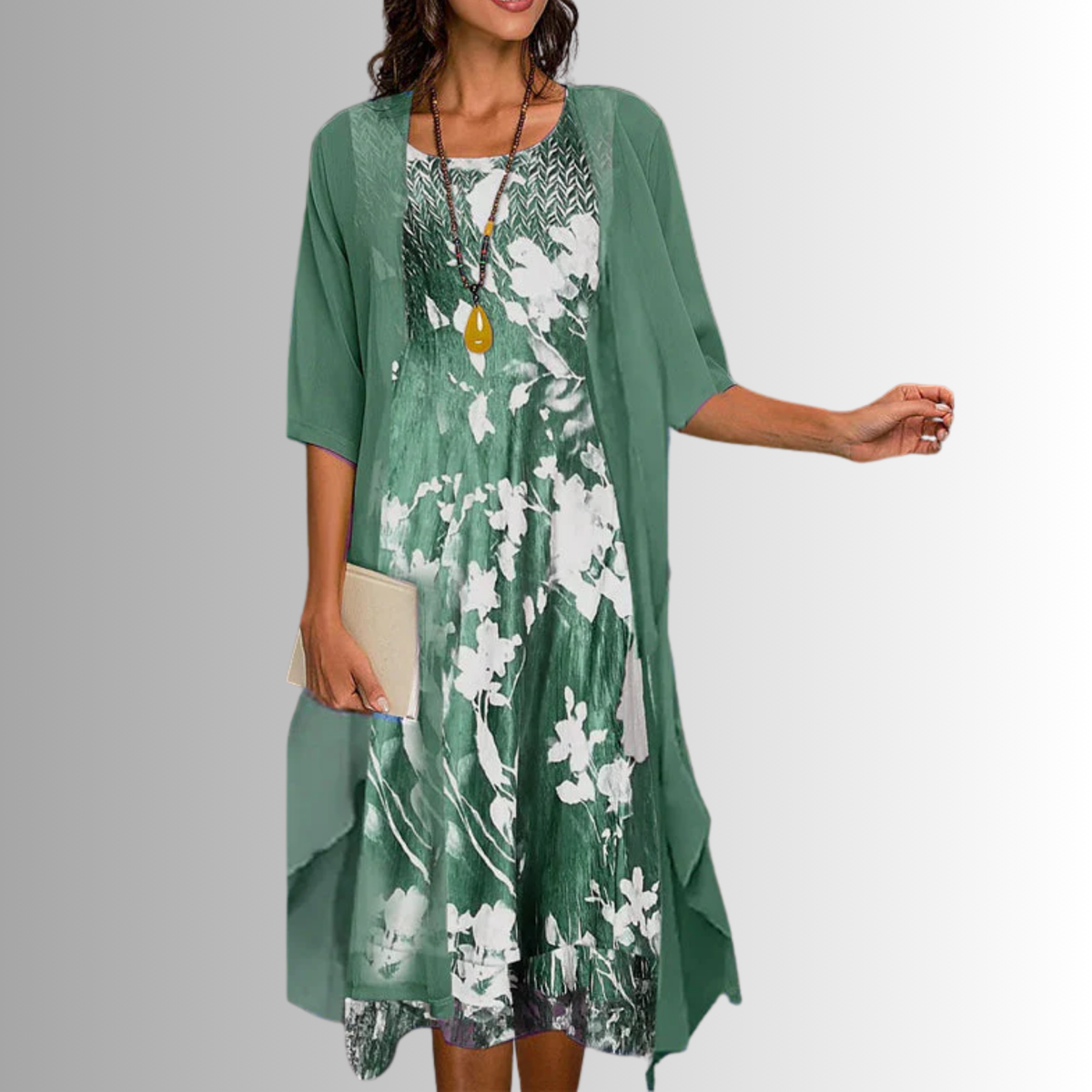 Layered open front midi dress in green, front view