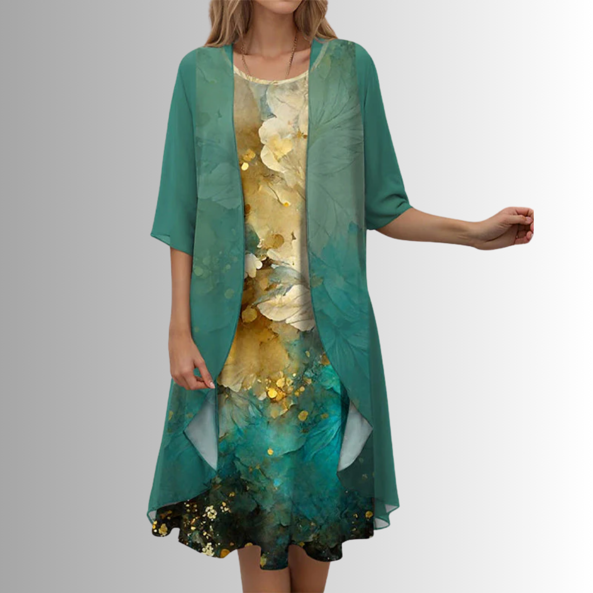 Layered open front midi dress in dark green, product flat view