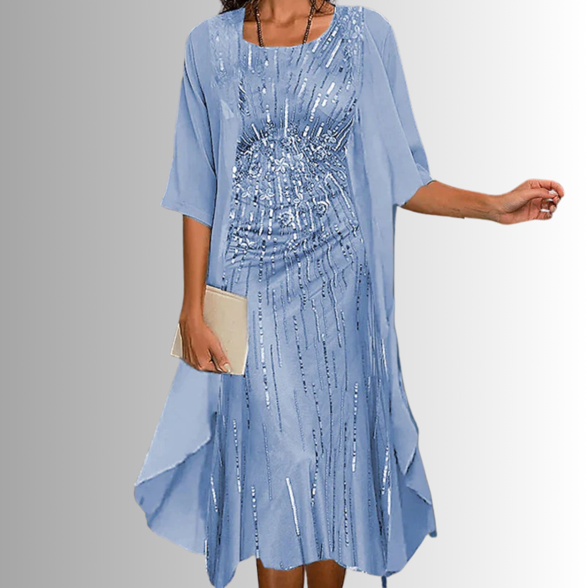 Layered open front midi dress in light blue, product flat view