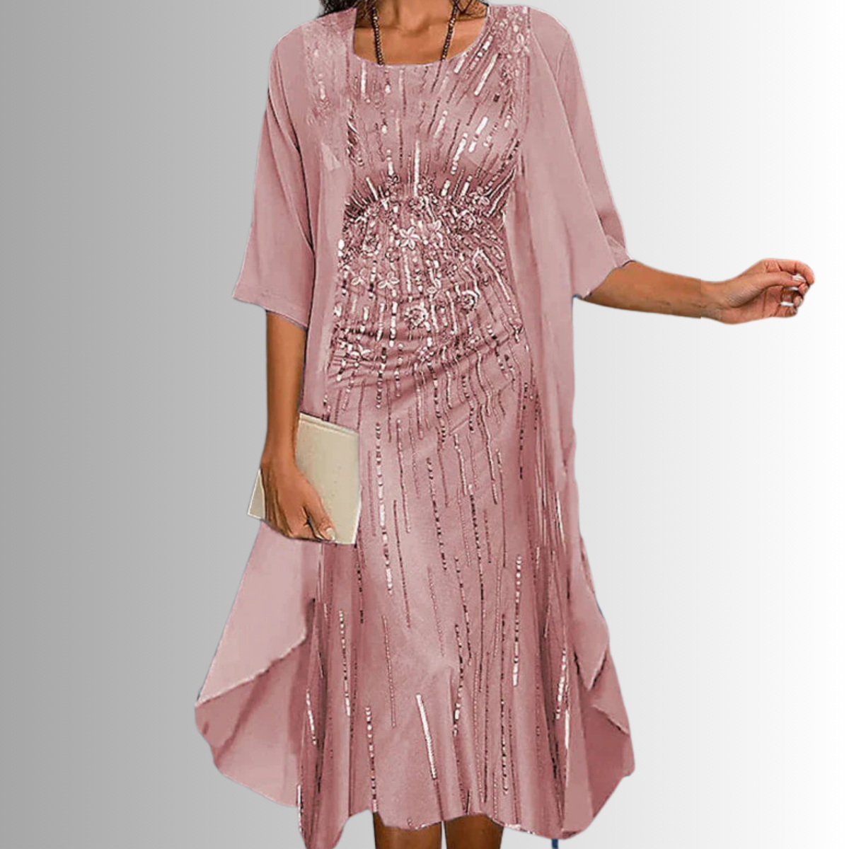 Layered open front midi dress in pink, product flat view