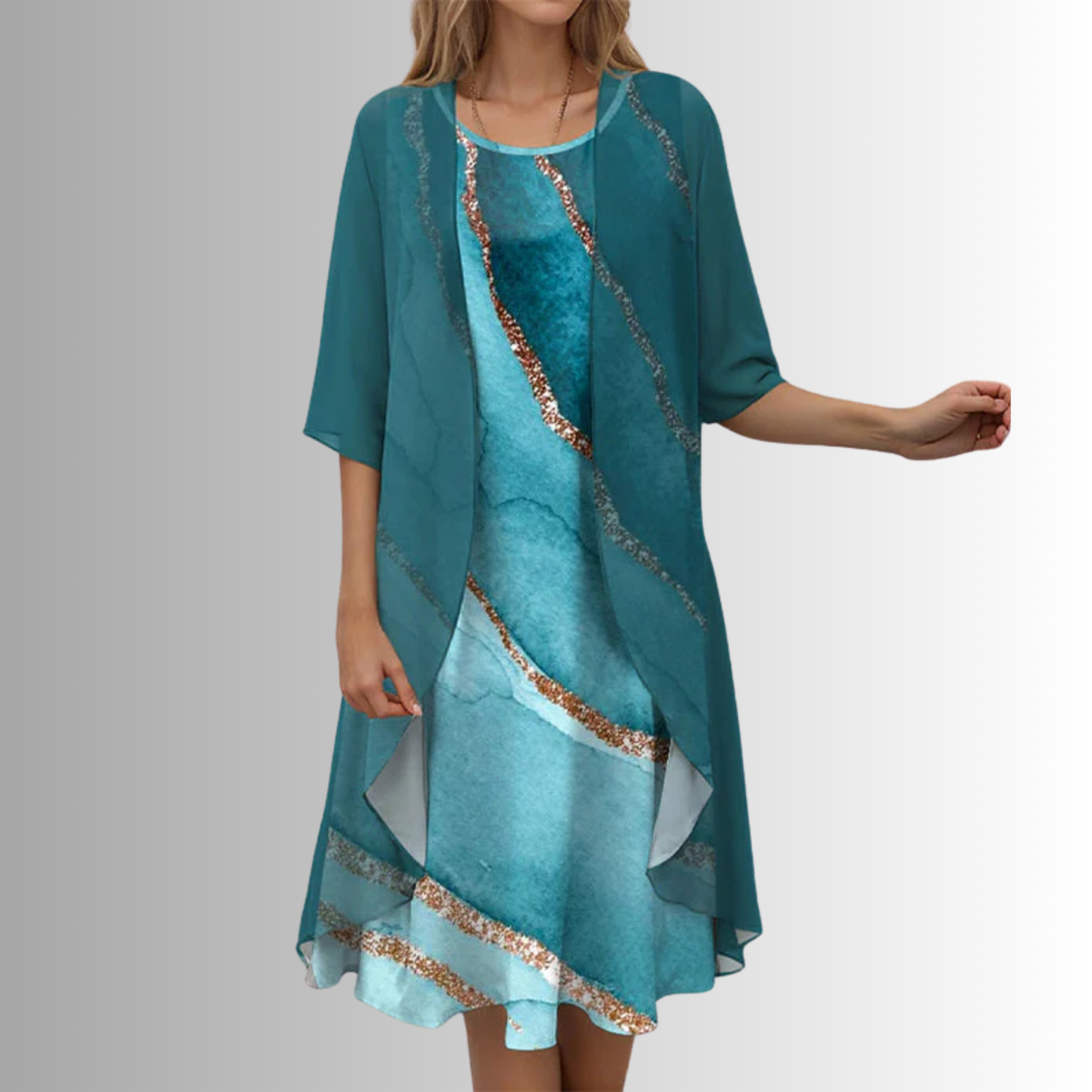 Layered open front midi dress in dark blue, product flat view