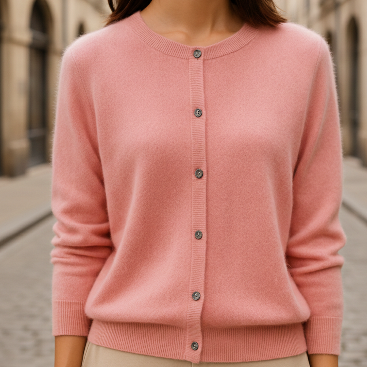 Round neck ribbed cardigan in pink