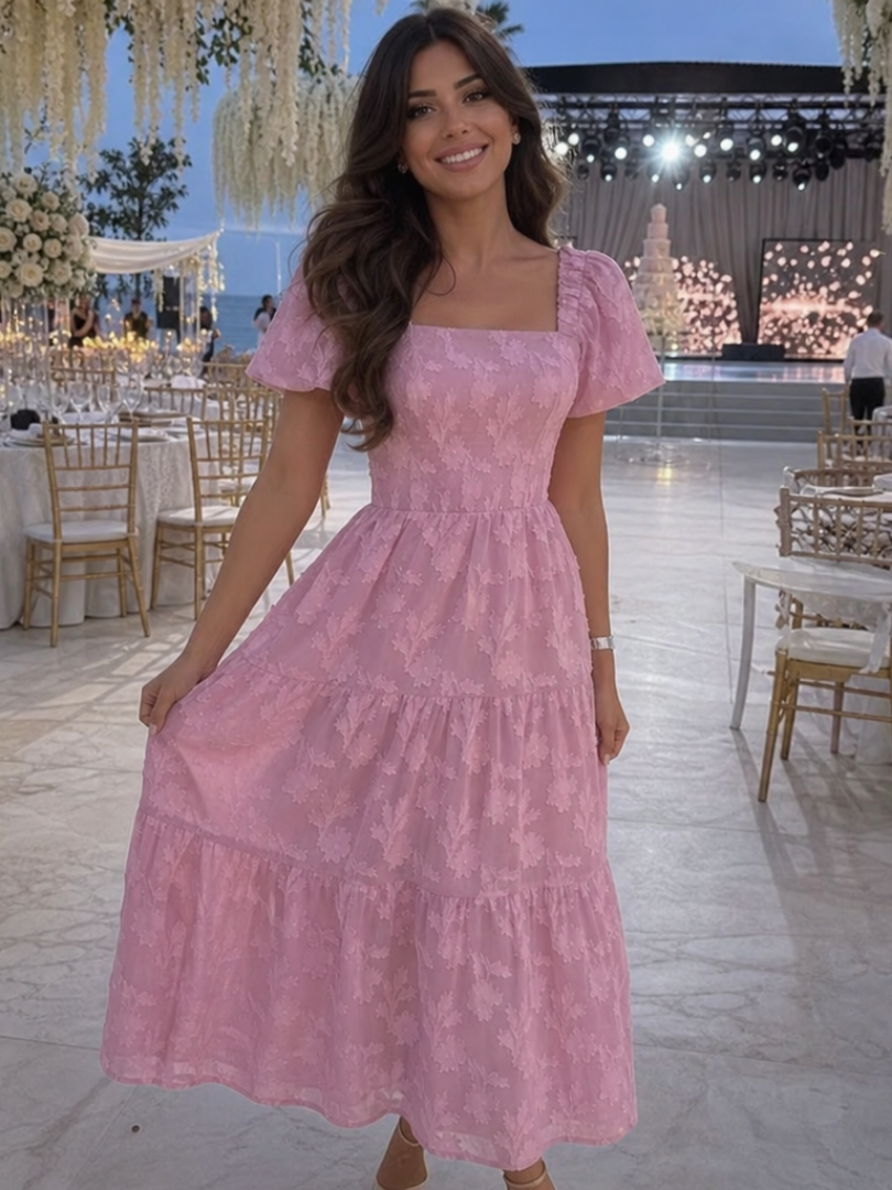 Square neck tiered midi dress in pink