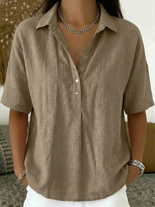 Classic collared button-up shirt in khaki, front view