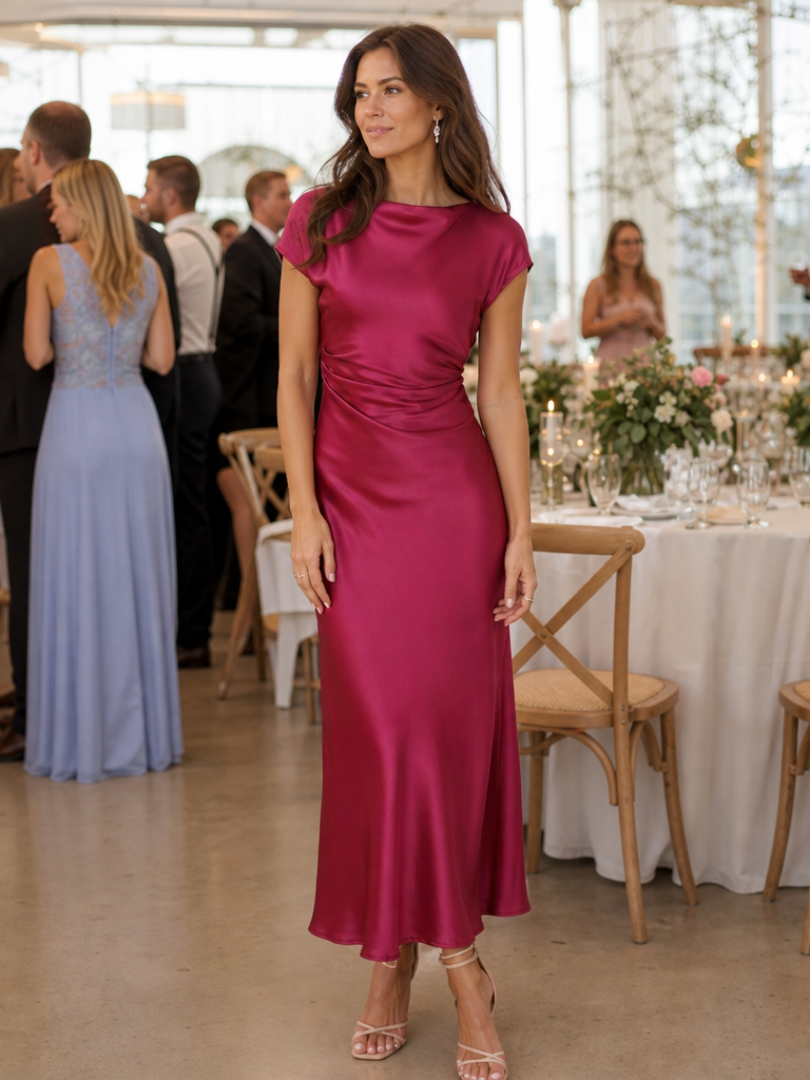 Boat neck fitted midi dress in burgundy