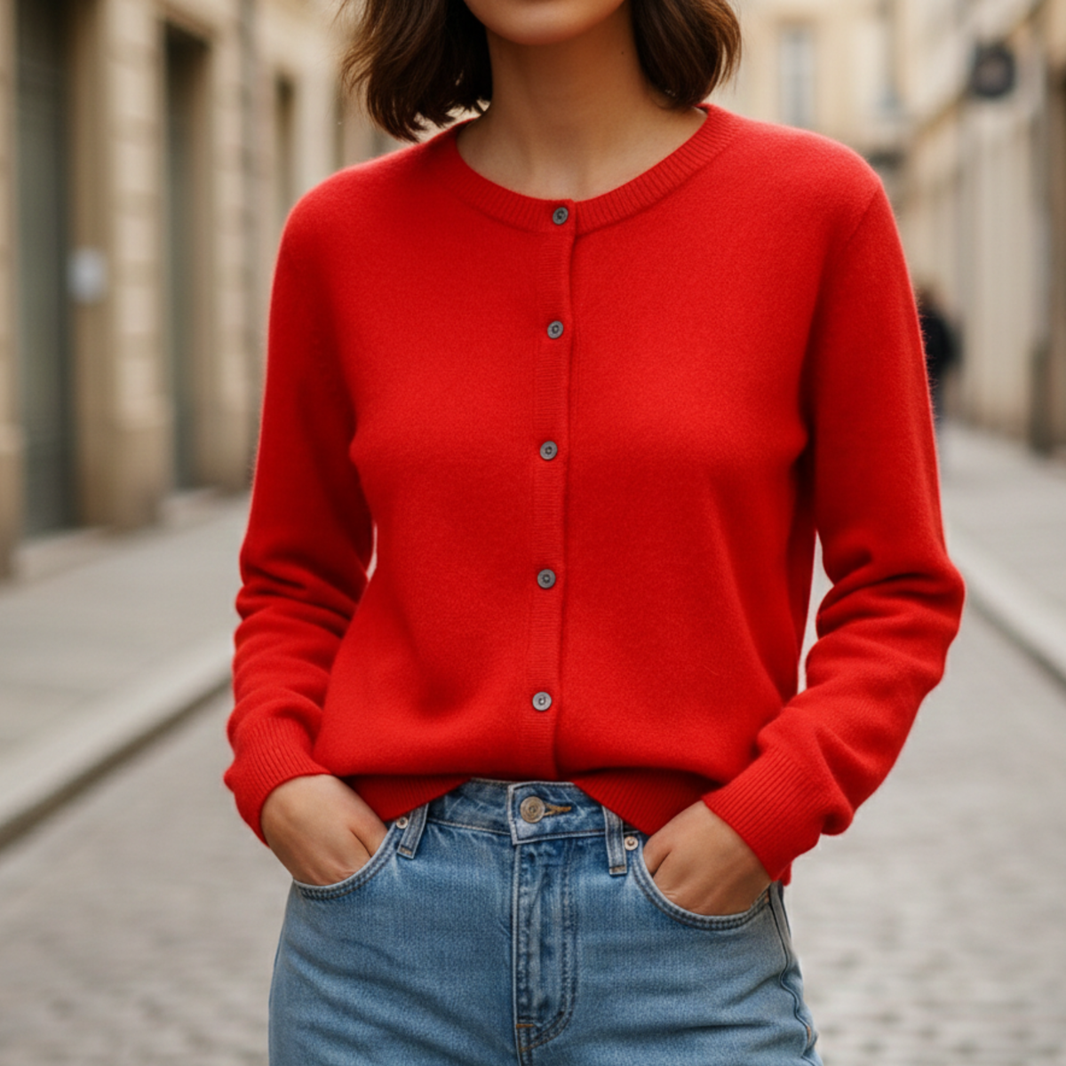 Round neck ribbed cardigan in red