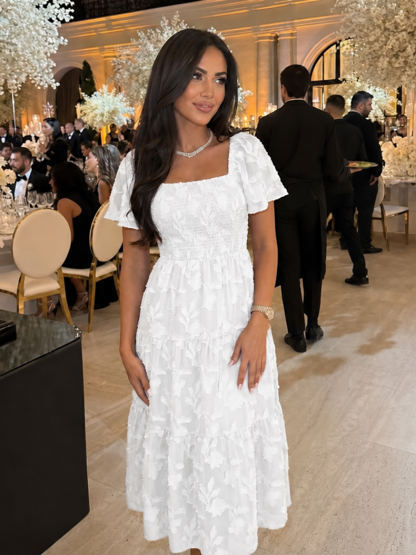 Square neck tiered midi dress in white