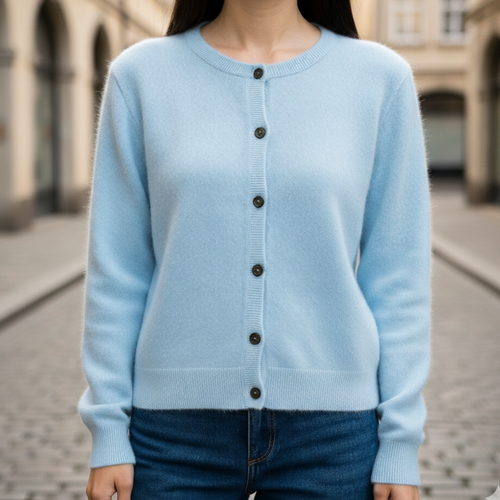 Round neck ribbed cardigan in blue, front view