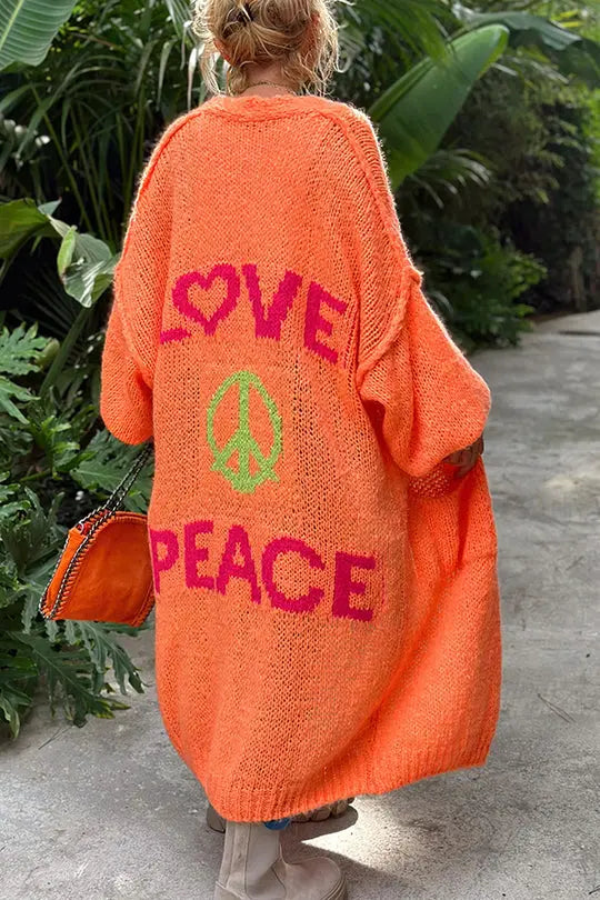 Love and peace print cardigan in orange, front view