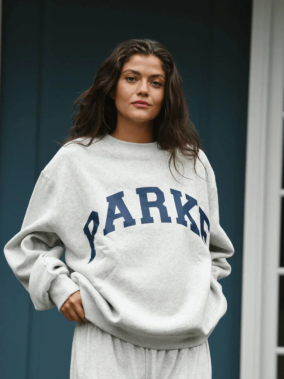 Varsity chenille sweatshirt, grey with navy letters