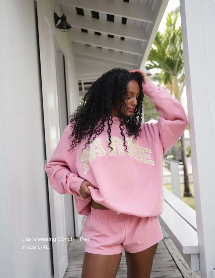 Varsity chenille sweatshirt, pink with cream letters