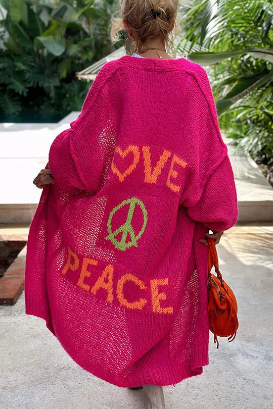 Love and peace print cardigan in light pink