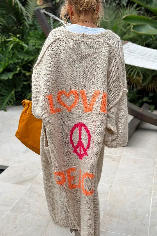 Love and peace print cardigan in beige