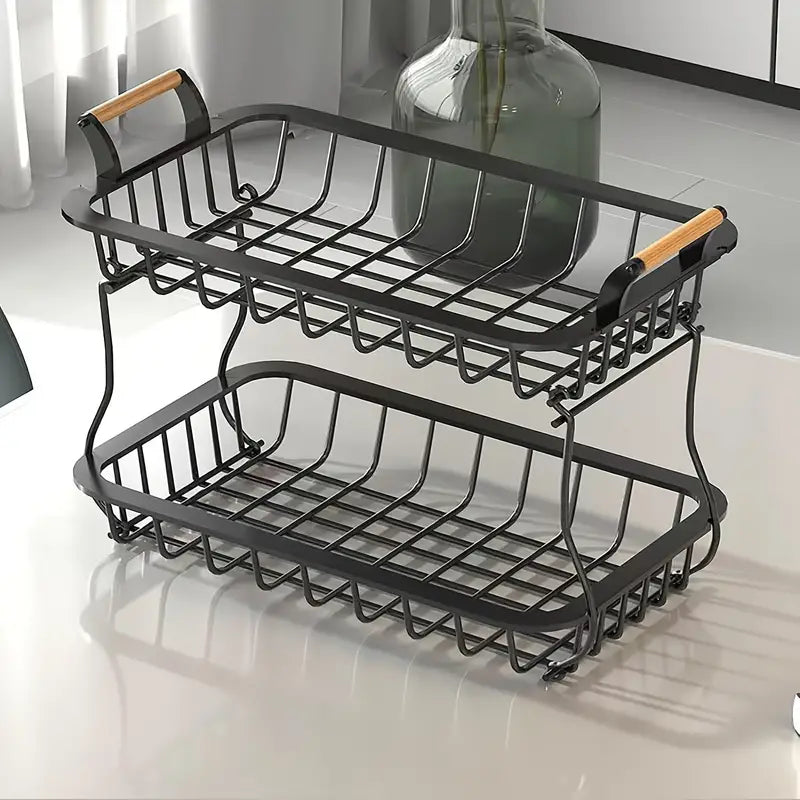 Two-Tier Metal Fruit Basket with Wood Handles