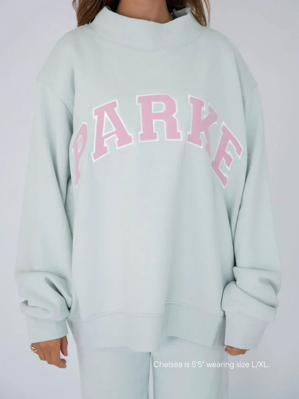 Varsity chenille sweatshirt, mint with pink letters