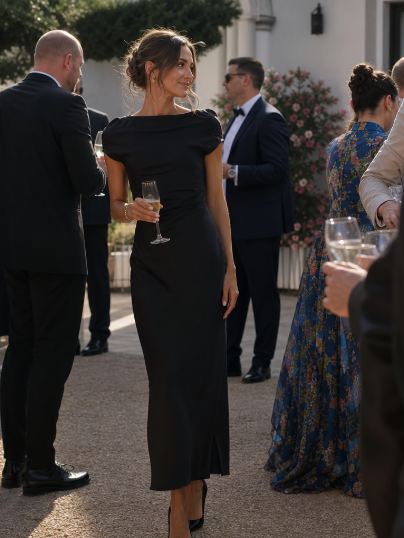Boat neck fitted midi dress in black