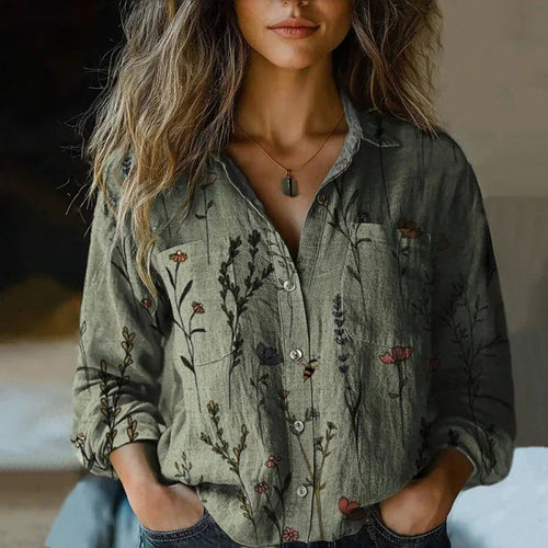 Collared button-front blouse in green