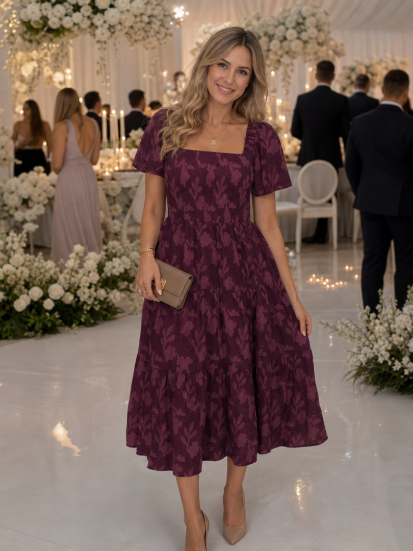 Square neck tiered midi dress in burgundy