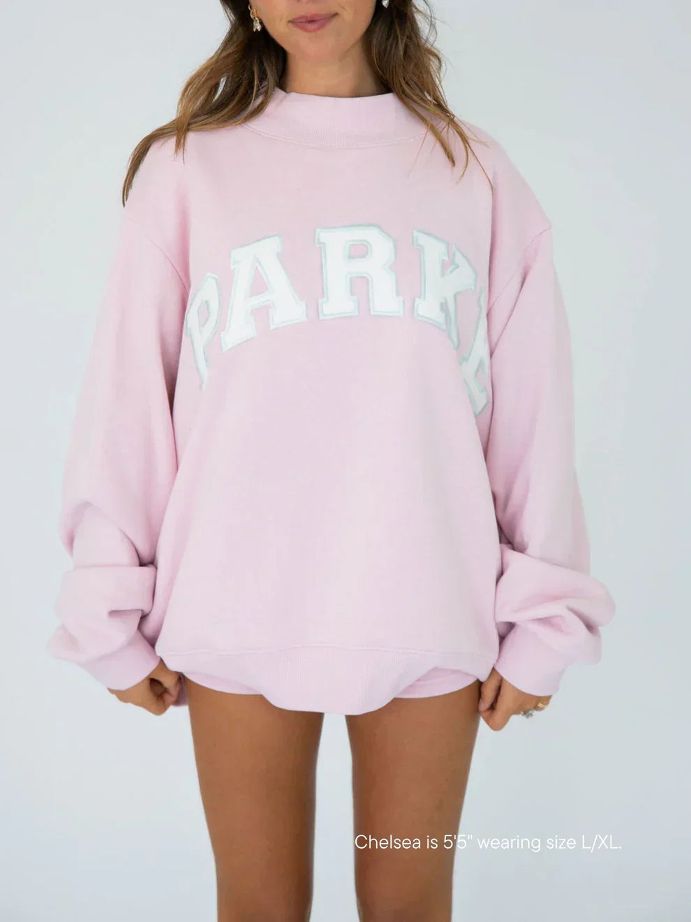 Varsity chenille sweatshirt, soft pink with white letters