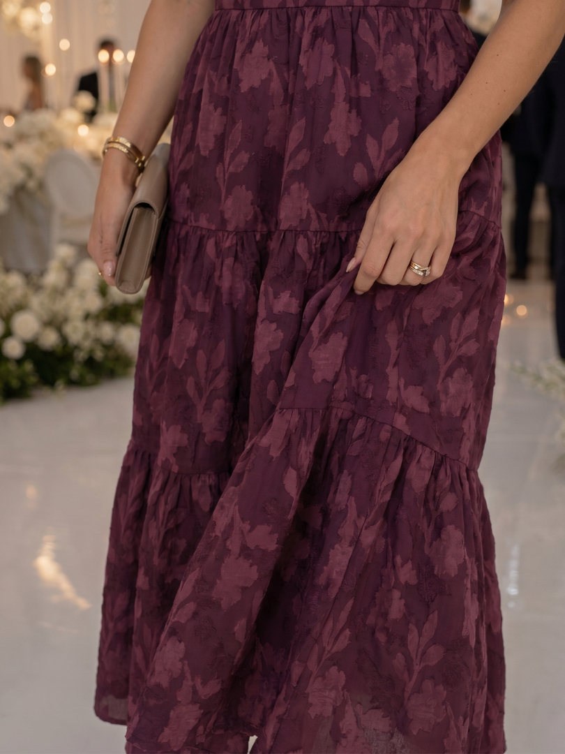 Square neck tiered midi dress in burgundy, alternate view