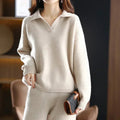 Folded collar open v-neck sweater in beige, front view