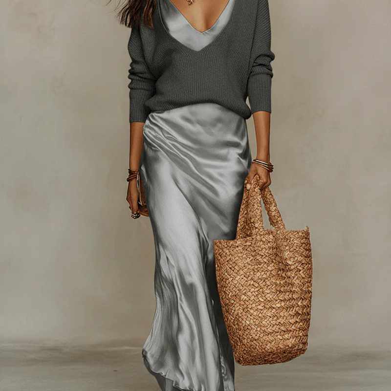 Sweater and maxi dress set in gray