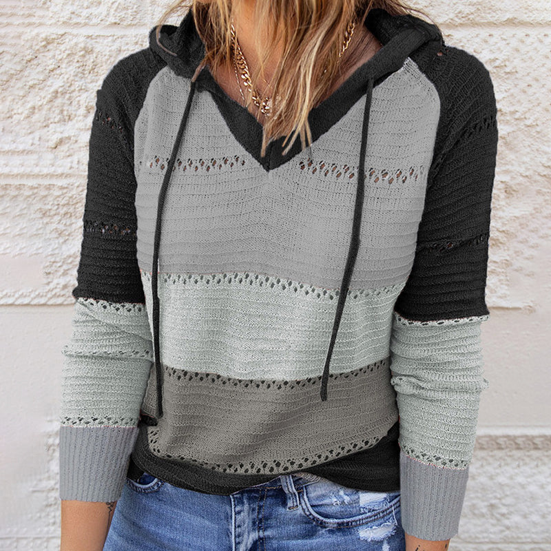 Colorblock open-knit hooded sweater, detail view