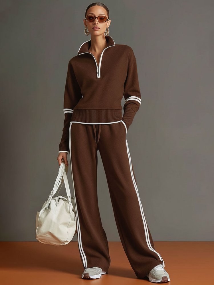 Half-zip wide-leg lounge set in dark brown, front view