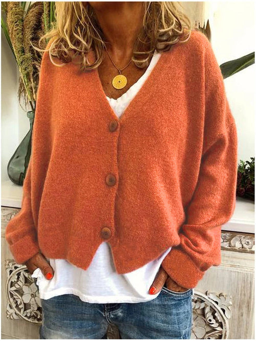 Everyday v-neck cardigan in orange, front view
