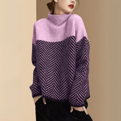 Colorblock herringbone turtleneck sweater in purple, front view