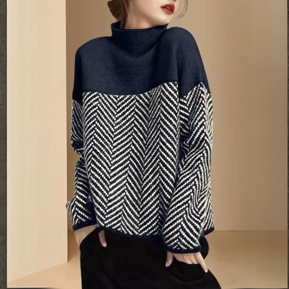 Colorblock herringbone turtleneck sweater in blue