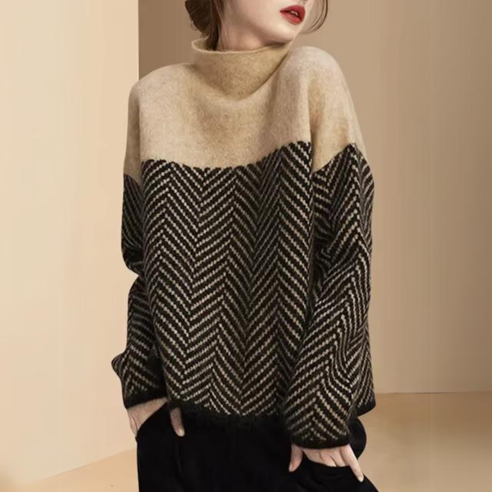 Colorblock herringbone turtleneck sweater in khaki