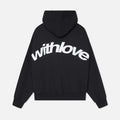 Oversized adjustable hood hoodie in black, front view