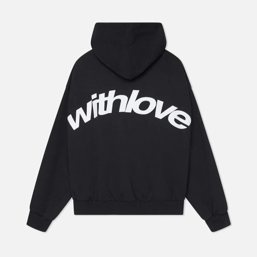 Oversized adjustable hood hoodie in black, front view
